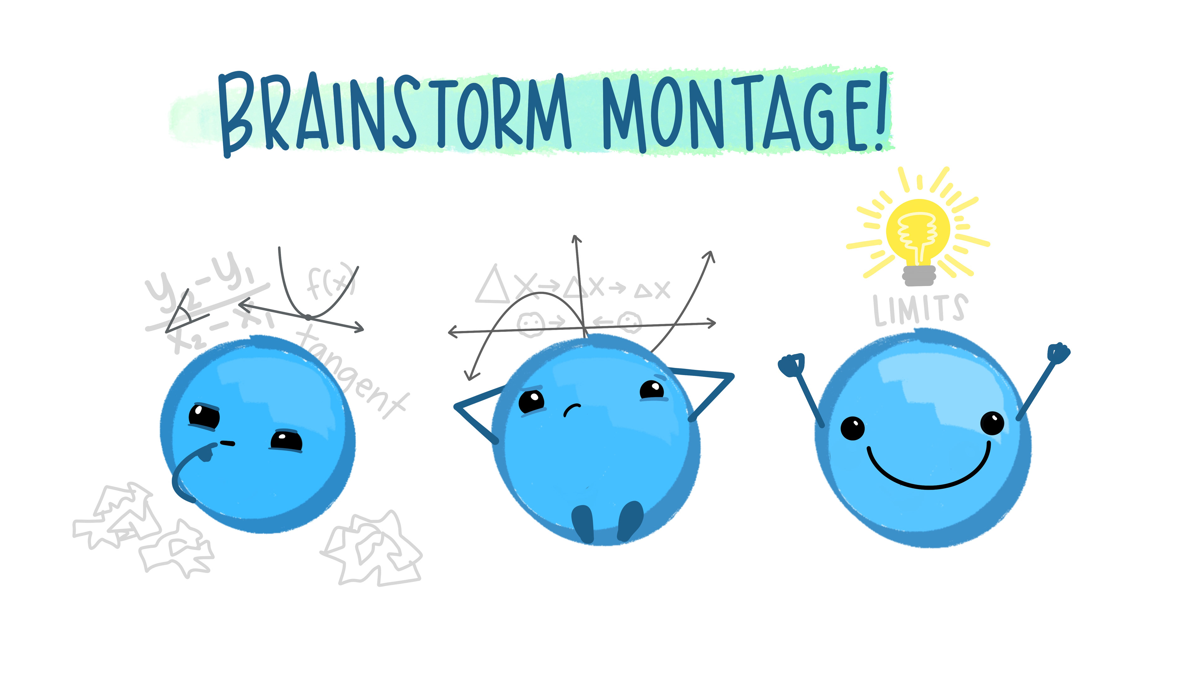 Close up montage of the blue point, thinking hard about different ways to calculate an exact slope. In gray text behind them are equations for slope, tangents, delta x, crumpled papers. Finally in the third illustration in the montage, the blue point is holding their arms up in victory with a lightbulb above them and the word 'LIMITS.'